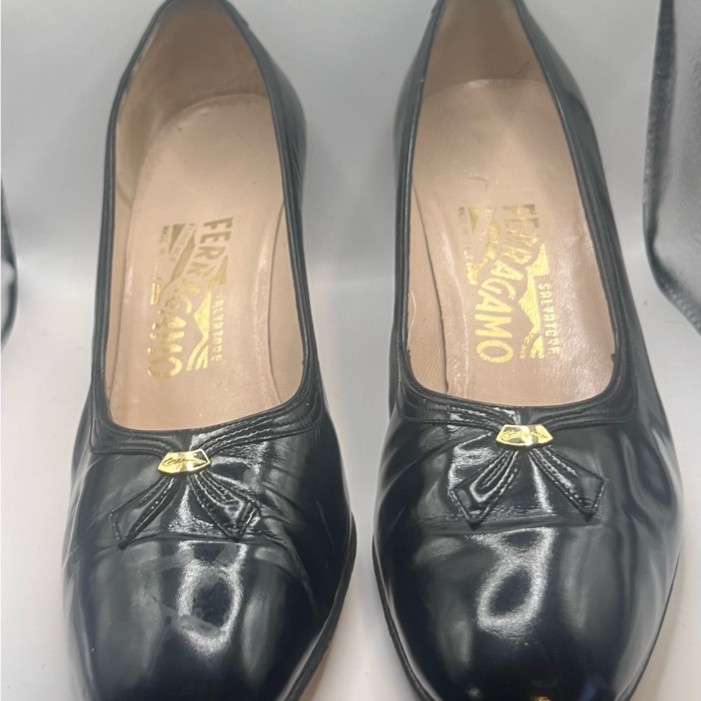 Vintage Salvatore Ferragamo Black Heels with Gold Accent